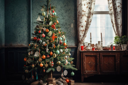 christmas tree with handmade decorations, created with generative aiの素材
