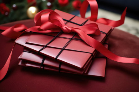 close-up of a red ribbon tying up a stack of secret santa invitations, created with generative aiの素材