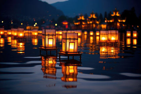 brightly lit lanterns reflecting in a calm lake, created with generative aiの素材