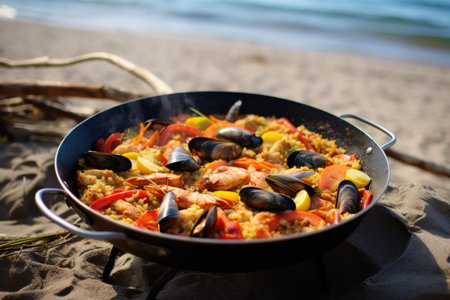 paella shot in the setting of a beach picnic, created with generative aiの素材