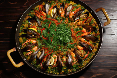paella with rabbit, snails, and wild garlic, created with generative aiの素材