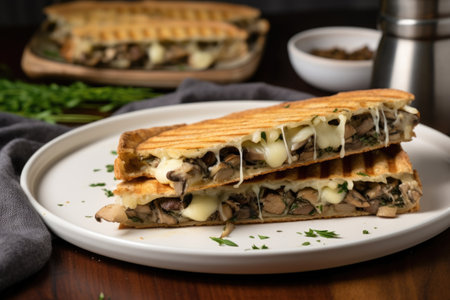 mushroom and gouda cheese panini sliced on a plate, created with generative aiの素材