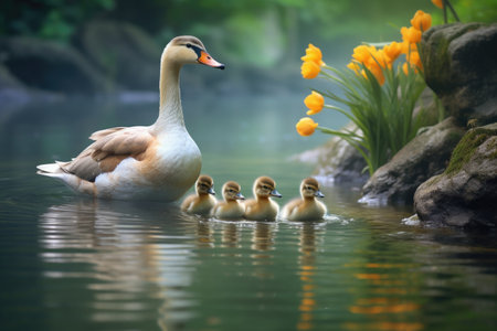 a mother duck leading ducklings through clear, calm water, created with generative aiの素材