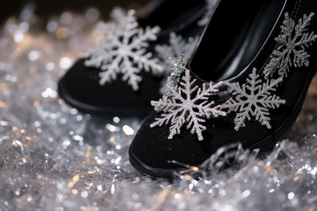 snowflakes resting on a black shoe during a dance, created with generative aiの素材