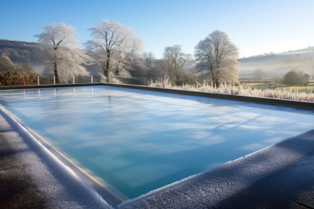 an unfilled outdoor pool with frost around the edges, created with generative aiの素材