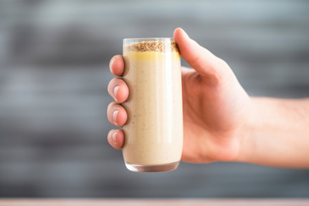 hand holding a peanut butter banana smoothie, blur background, created with generative aiの素材