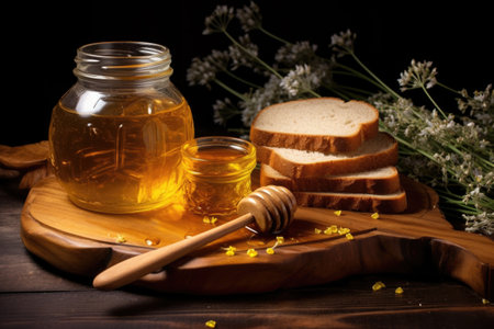 jar of honey and slices of bread on a wooden tray, created with generative aiの素材