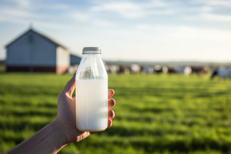 hand holding a filled milk bottle on a dairy farm background, created with generative aiの素材