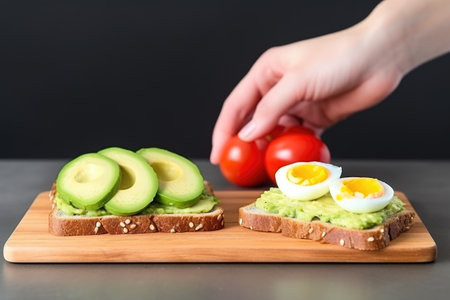 hand spreading avocado on slice of fresh bread, egg beside, created with generative aiの素材