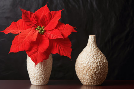 red poinsettia plant against ceramic santa figurine, created with generative aiの素材