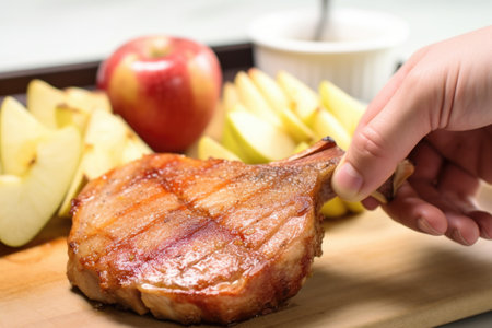hand showcasing a brushed apple sauce pork chop ready for the grill, created with generative aiの素材