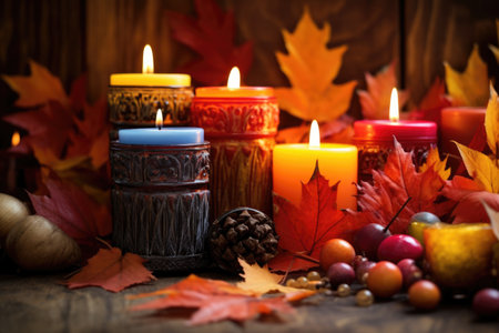 collection of candles and vivid autumn leaves, created with generative aiの素材