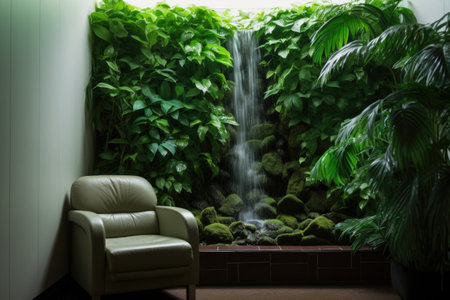 a close-up of a small indoor waterfall in a psychotherapy office, created with generative aiの素材