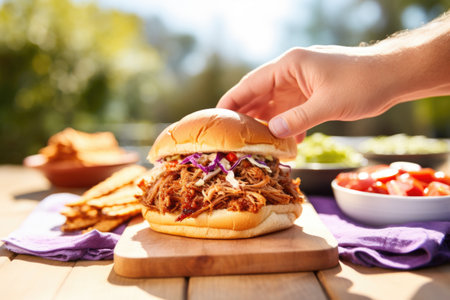 hand grasping a pulled pork sandwich over a picnic table, created with generative aiの素材