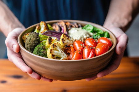 hand holding a quinoa bowl with grilled veggies, created with generative aiの素材