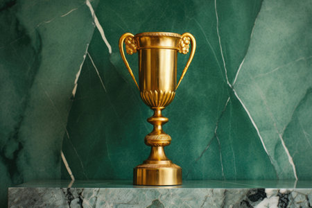 a golden trophy cup on a marble column with a green background, created with generative aiの素材