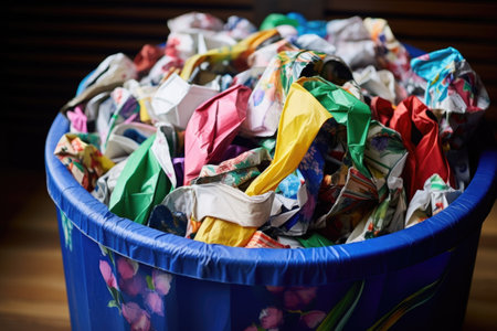 used wrapping paper in a recycling bin, created with generative aiの素材