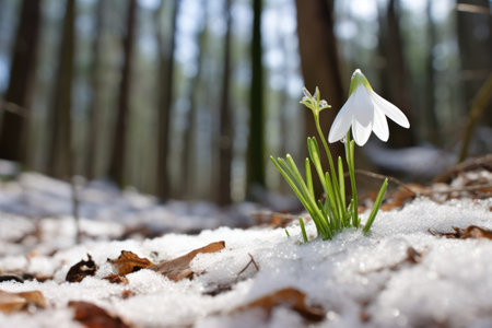 a tiny snowdrop flower emerging through snow, mature trees standing idle, created with generative aiの素材