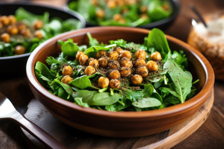 spooning crispy chickpeas over a mixed green salad, created with generative aiの素材