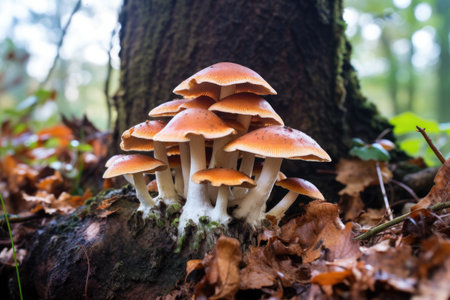 cluster of mushrooms growing on a tree trunk, created with generative aiの素材