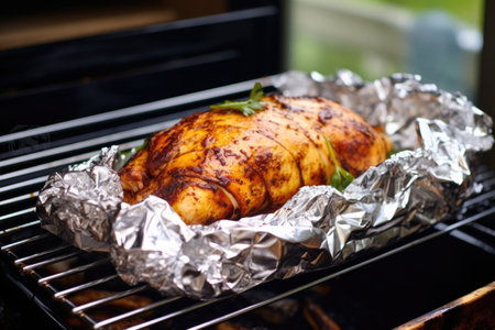 wrapping marinated chicken on rotisserie in foil, created with generative aiの素材