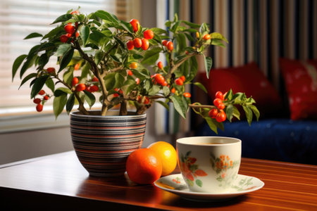 chili plant in between a coffee mug and fruit bowl on the dining table, created with generative aiの素材
