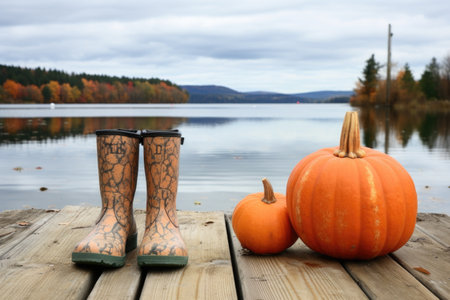 rubber boots and pumpkin on a wooden dock with lake in the background, created with generative aiの素材