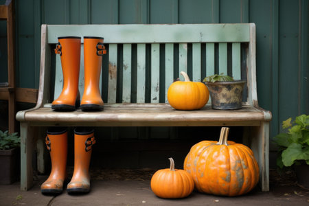 rubber boots and a pumpkin sitting on a wooden bench, created with generative aiの素材