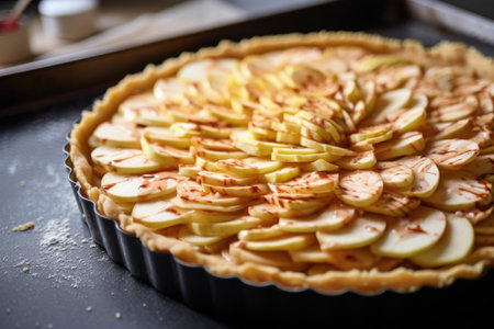 raw apple pie before baking on an oven tray, created with generative aiの素材