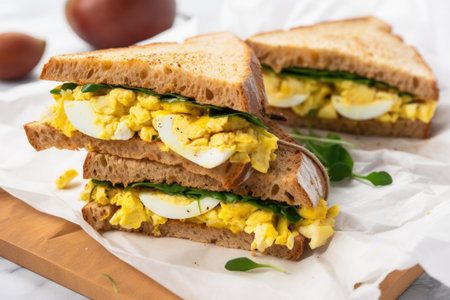 sliced baguette sandwich with egg salad on parchment paper, created with generative aiの素材