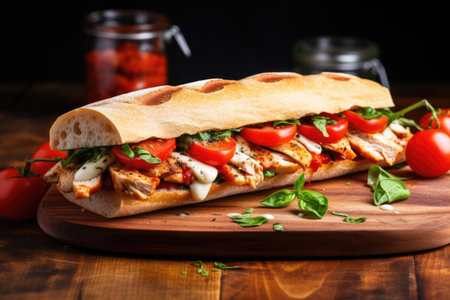 baguette sandwich with grilled chicken and tomatoes, created with generative aiの素材