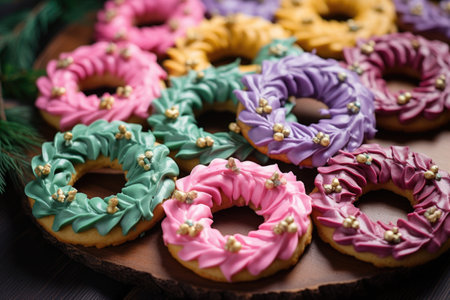 wreath-shaped cookies with festive-colored frosting, created with generative aiの素材