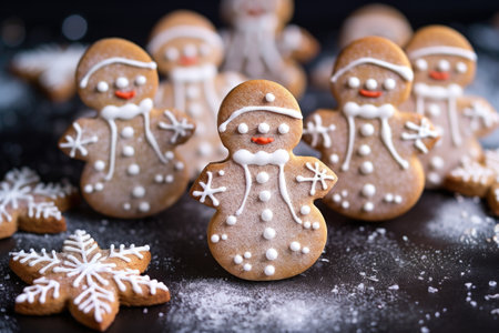 glistening snowman-shaped cookies with icing details, created with generative aiの素材
