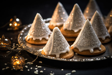 bell-shaped cookies with shiny silver icing, created with generative aiの素材