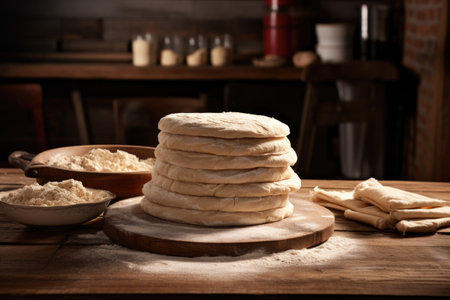 stacked rounds of raw cake dough on a wooden table, created with generative aiの素材