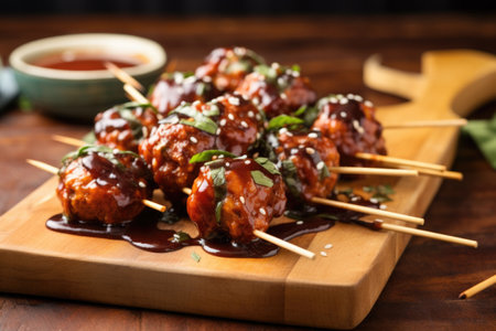 bbq meatball skewers served on a wooden chopping board, created with generative aiの素材