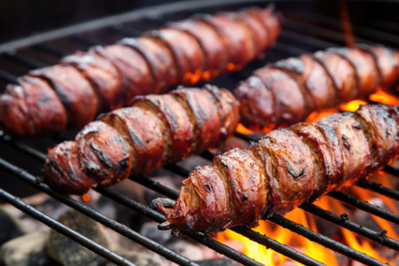 close-up of succulent sausages on a bbq pit, created with generative aiの素材