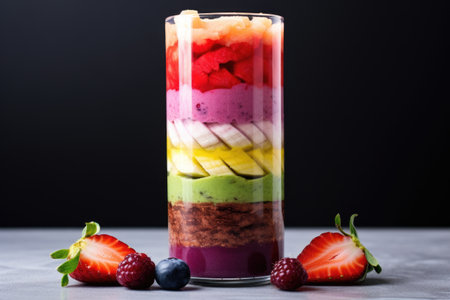 a smoothie layered with different berries showcasing different color bands, created with generative aiの素材