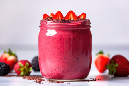 close-up of a blended berry smoothie in a transparent jar, created with generative aiの素材