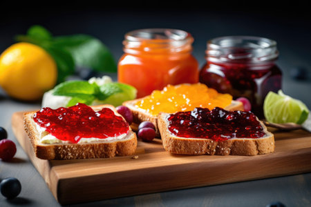 buttered toast with colorful fruit jam spread on top, created with generative aiの素材