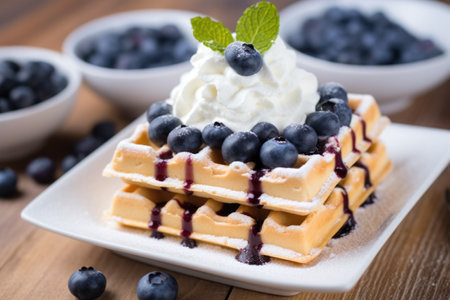 waffle square with blueberries and whipped cream topping, created with generative aiの素材