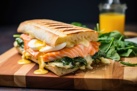a breakfast sandwich with baguette, brie, and salmon, created with generative aiの素材