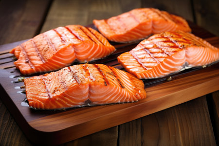 salmon fillets with beautiful grill marks on cedar planks, created with generative aiの素材