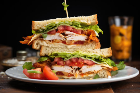 club sandwich with spicy chicken and fresh, crunchy lettuce, created with generative aiの素材