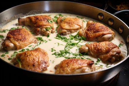 chicken thighs simmering in a pan of white sauce, created with generative aiの素材