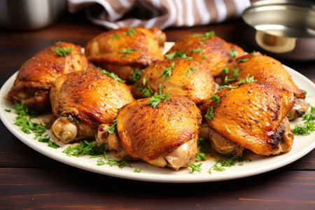 cooked chicken thighs displayed proudly on a plate, created with generative aiの素材