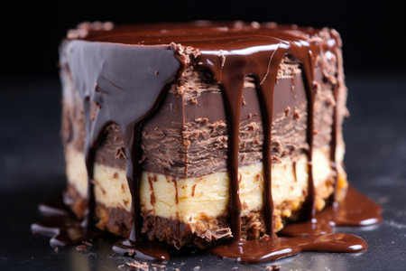 close-up of a chocolate cheesecake with a biscuit base, created with generative aiの素材