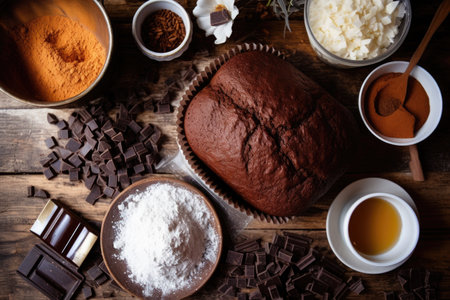 a flatlay of a chocolate pound cake surrounded by ingredients, created with generative aiの素材