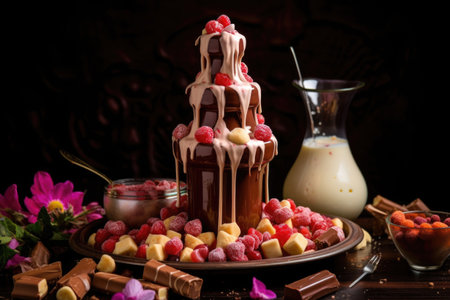 chocolate fountain with marshmallows for dipping, created with generative aiの素材