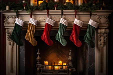 christmas stockings hanging on an empty fireplace mantle, created with generative aiの素材